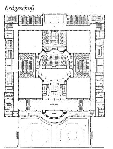 Grundri&szlig; des Erdgeschosses des Hauptgeb&auml;udes der Universit&auml;t Hamburg (Abb. aus: Brandenburger, Dietmar und K&auml;hler, Gert (Hrsg.): Architektour - Bauen in Hamburg seit 1900, 1988, S. 61)