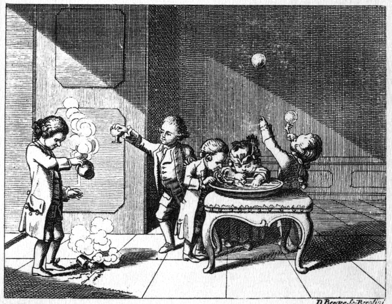 ,,Vermehrung der Erfahrenheit durch den Trieb, allerlei zu versuchen'' - Experimente (Kupferstich von Daniel Chodowiecki (1726-1801), Basedow Johann Bernhard: Elementarwerk, Dessau, Leipzig 1774).